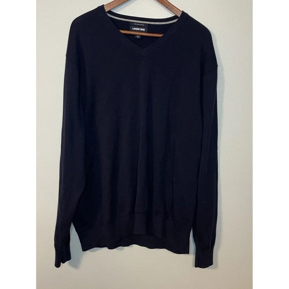 Lands‎ End Mens XXL 2X V Neck Sweater Casual Navy Long Sleeve Supima Cotton